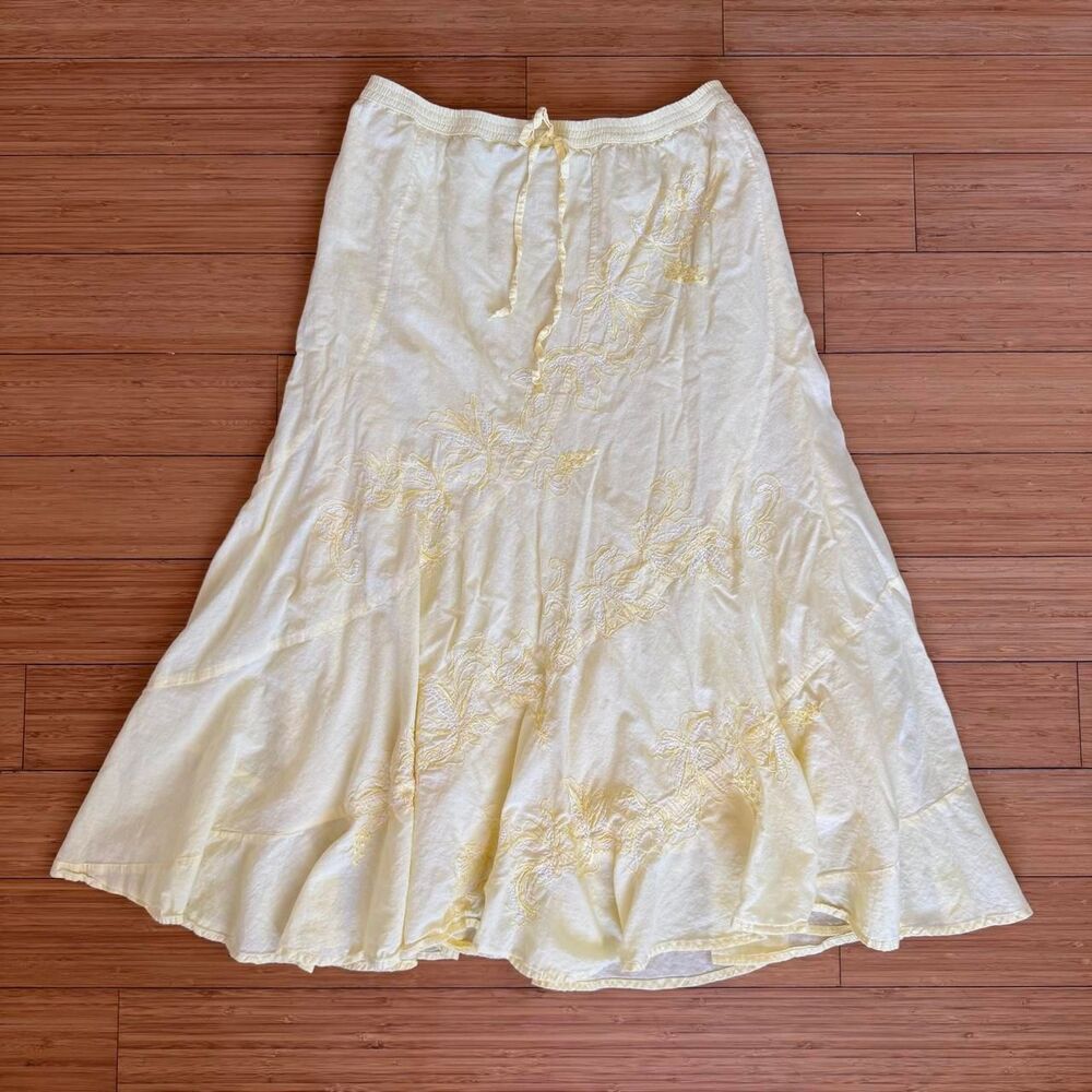 Metrowear Butter Yellow 100% Cotton Floral Embroidered Midi Skirt S M